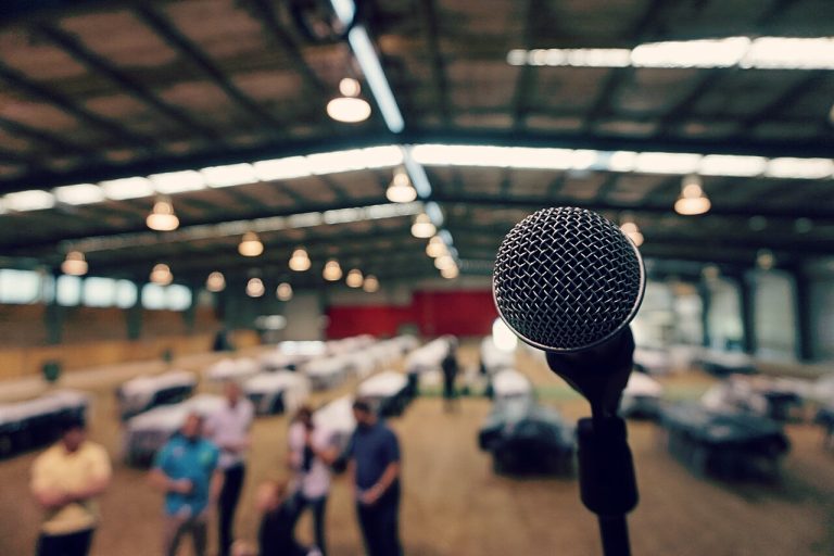 Micròfon en una sala d’actes amb públic